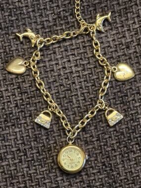 Vintage Gold Tone Watch & Heart Charm Purses Dolphins Bracelet Clock Gemstone